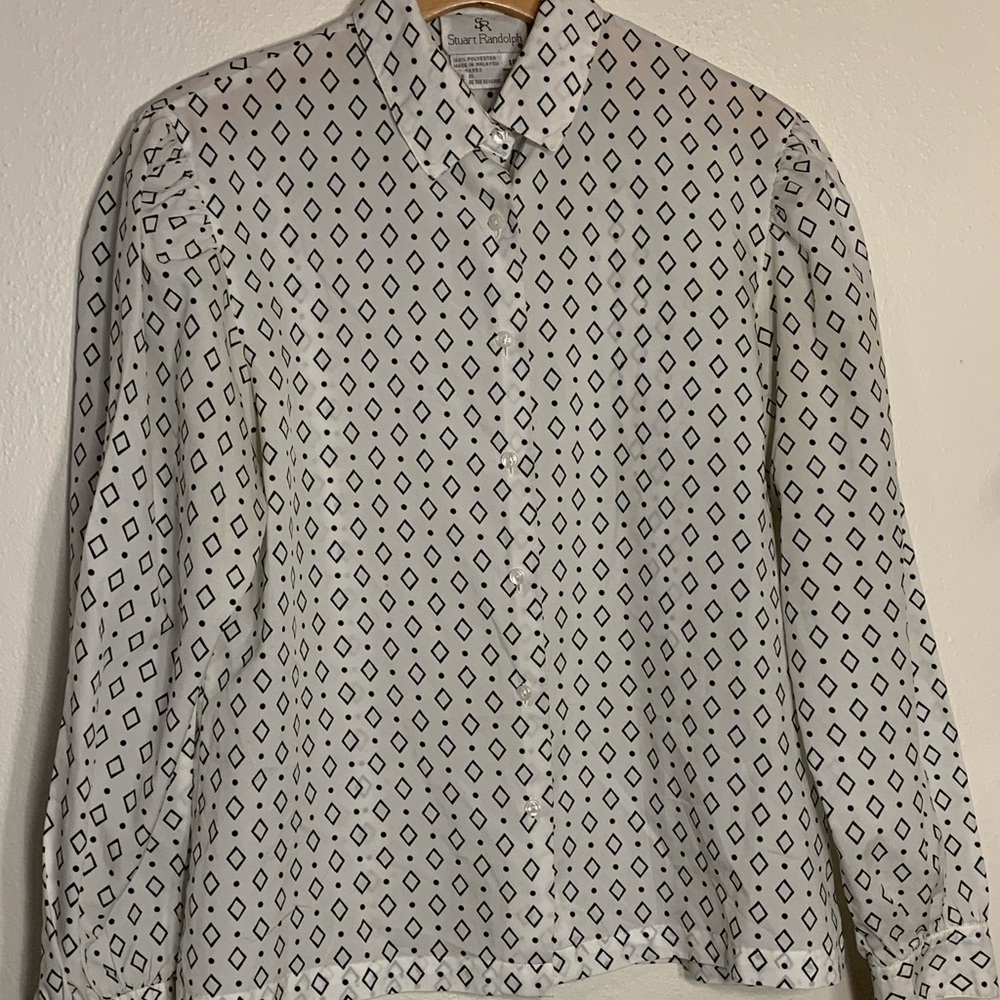 Womens vintage Stuart Randolph sz 10 b&w diamond/polka dot long sleeve shirt
